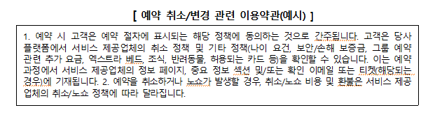 한국소비자원이 조사한 글로벌 숙박 플랫폼들의 예약 취소 및 변경 관련 이용약관을 예시로 들었음. 