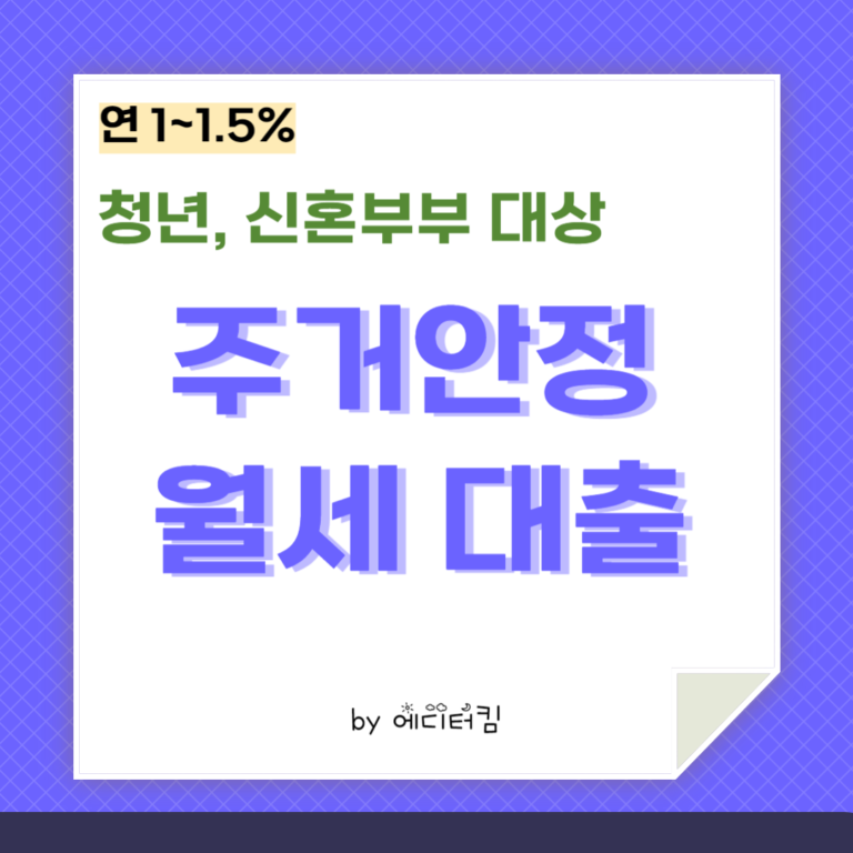 주거안정 월세대출 카드뉴스임. 대상은 청년 신혼부부임. 대출금리는 연 1~1.5%임.