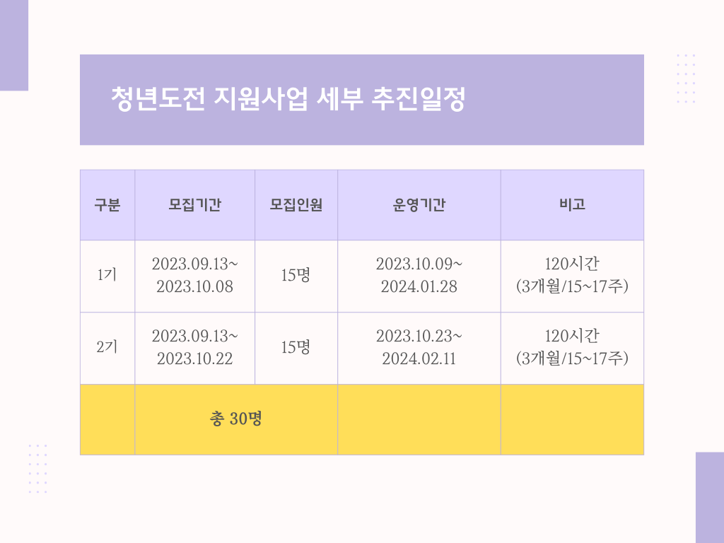 청년도전 지원사업 세부 추진일정을 소개하는 표. 