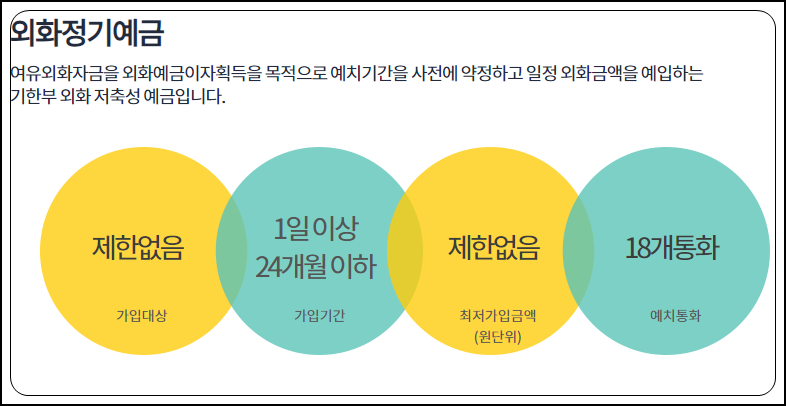 하나은행 외화정기예금 캡처 사진. 가입대상과 기간 최저가입금액, 예치 통화에 대한 정보가 있음. 